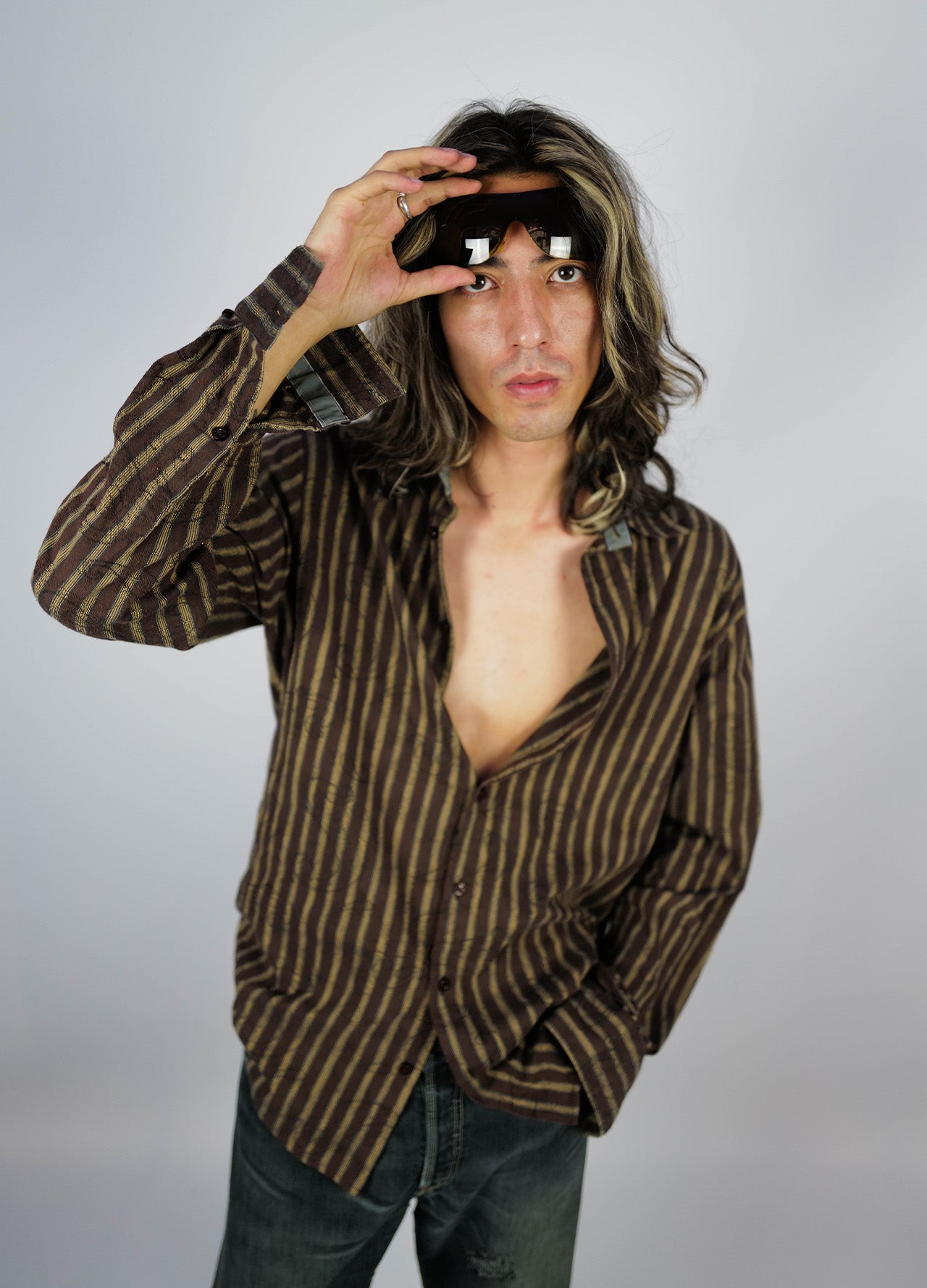 Chemise-Roberto-Cavalli-Class-Marron-Jaune-Raye-Vintage-02