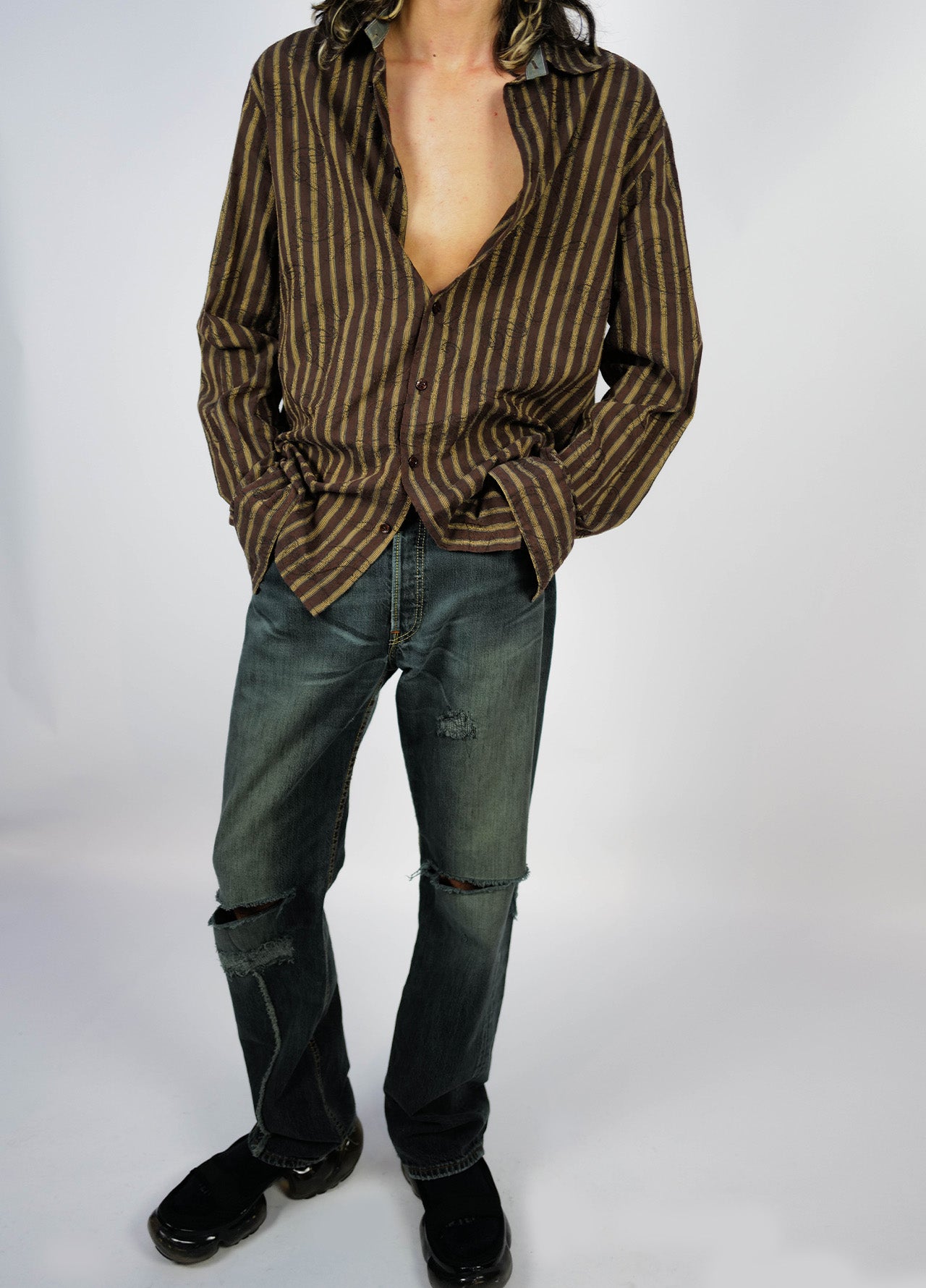 Chemise-Roberto-Cavalli-Class-Marron-Jaune-Raye-Vintage-04