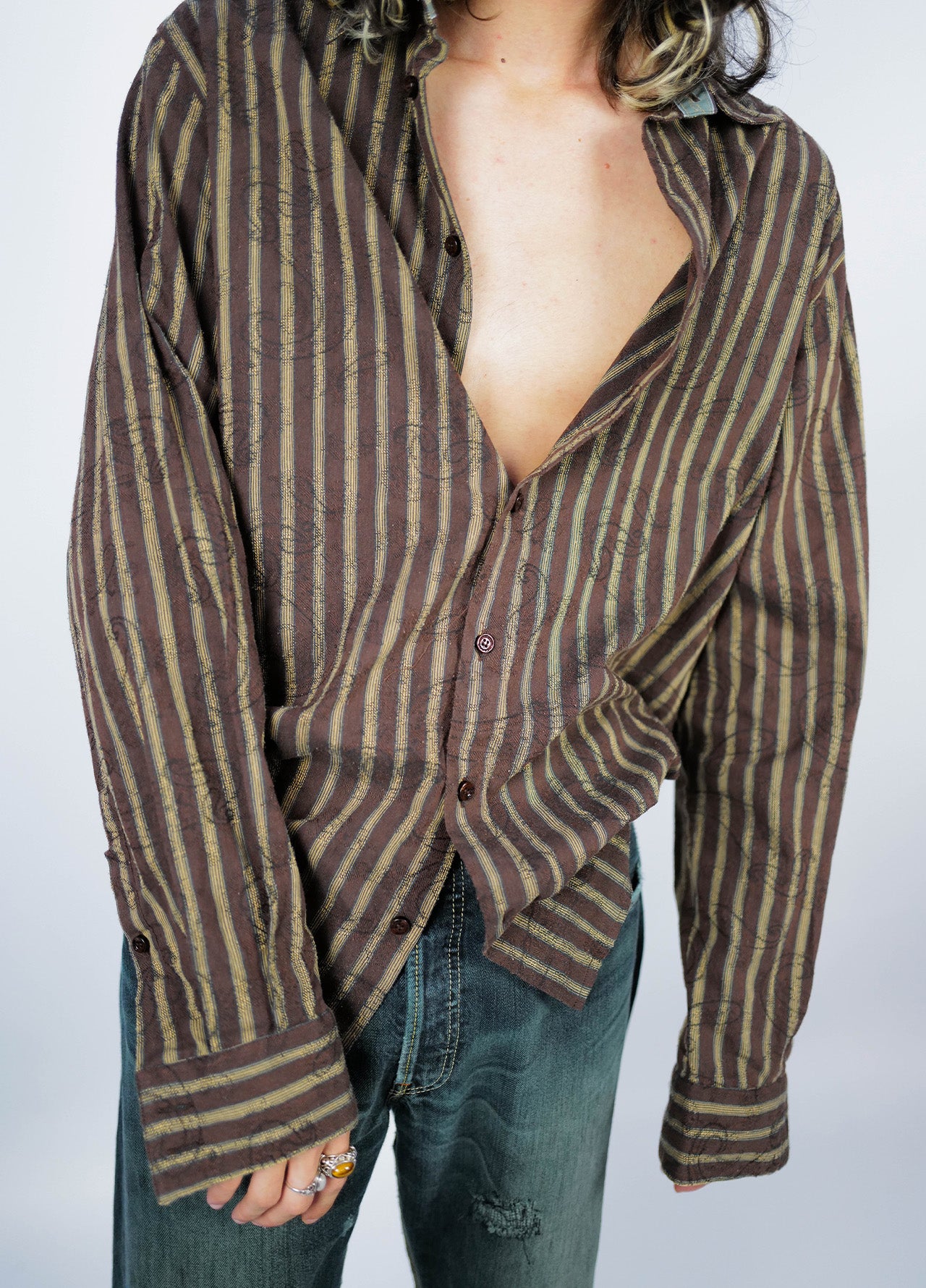 Chemise-Roberto-Cavalli-Class-Marron-Jaune-Raye-Vintage-06