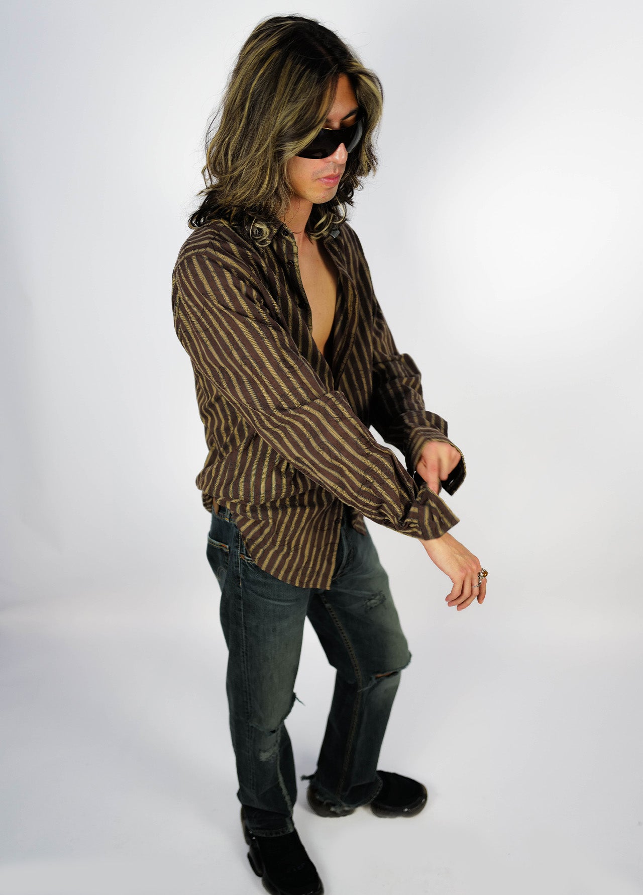 Chemise-Roberto-Cavalli-Class-Marron-Jaune-Raye-Vintage-01