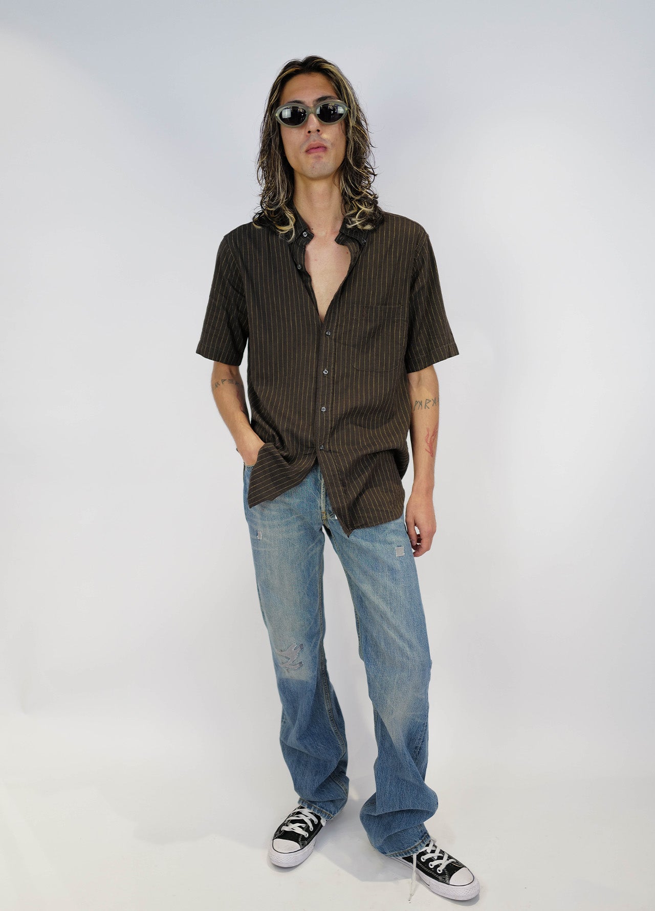 Chemise-shirt-YSL-YvesSaintLaurent-vintage-brown-brun-rayure-1