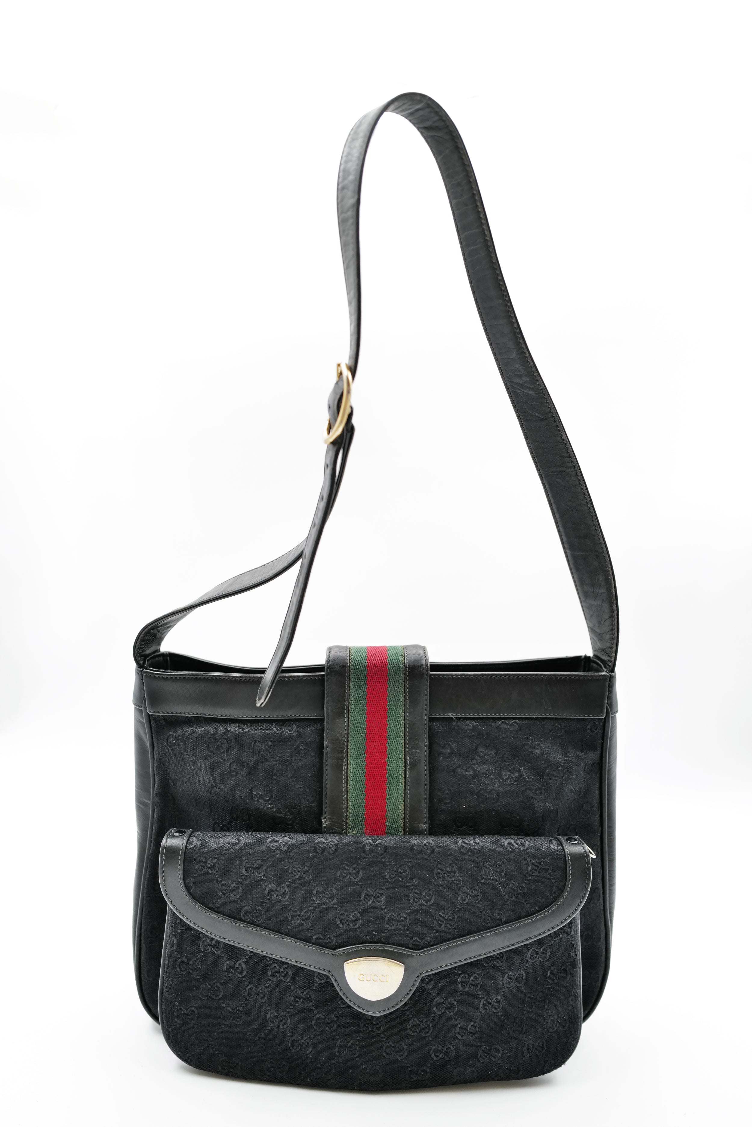 GUCCI-VINTAGE-80S-BLACK-NOIR-BAG-SAC-POCHETTE-01 SAC GUCCI MONOGRAMME GG BANDE WEB AVEC POCHETTE RARE VINTAGE CIRCA 80'S
