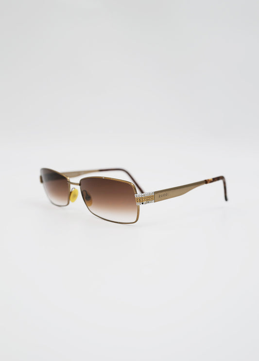 Lunette-solaire-sunglass-Gucci-vintage-reworked-strass-brown-beige-Y2K-1