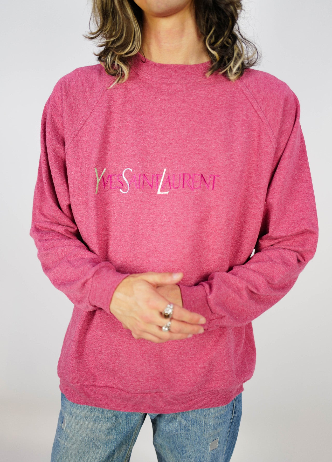 Pull-crewneck-YvesSaintLaurent-YSL-vintage-deadstock-circa-80-90-pink-rose-1